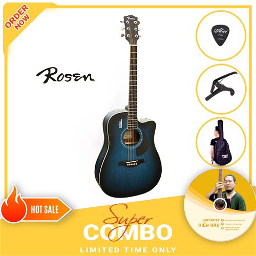 Combo Đàn Guitar Acoustic Rosen G13BL và Khóa Học Guitar Hiển Râu
